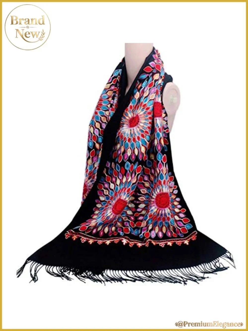 Embroidered Floral Scarf with Tassel Fringe Lightweight Wrap